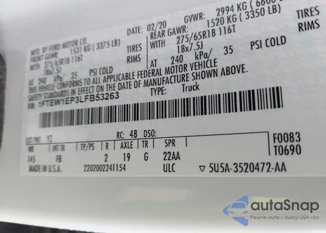 2020 Ford F-150 Xlt из США, поврежденный, VIN 1FTEW1EP3LFB53263